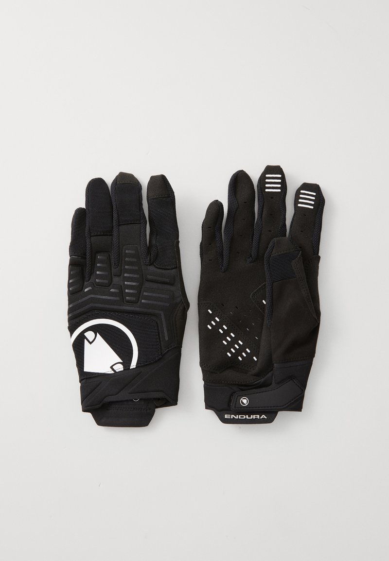 Zwarte fietshandschoenen met textuur voor grip, ademend materiaal, siliconen accenten en versterkte palm. Voorzien van logo en verstelbare polssluiting.