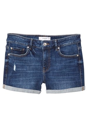 Mørkeblå denimshorts med optrukne kanter, fem lommer, en metal knap og et lille slidmærke på venstre side.