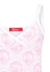 Rosa gemusterter Stoff mit weißen Akzenten, der ein florales Design und geraffte Kanten aufweist, beschriftet mit einem roten Etikett mit der Aufschrift "Hanssoph Underwearshop."