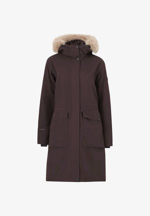 Parka di colore marrone scuro con cappuccio foderato in pelliccia sintetica, due tasche frontali e taglio dritto. Il materiale sembra liscio e resistente alle intemperie.
