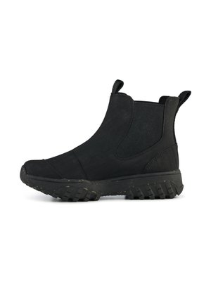 Bottines noires avec un design épuré, fabriquées en caoutchouc texturé. Elles disposent d'une semelle extérieure épaisse et profilée ainsi que de languettes sur les côtés.