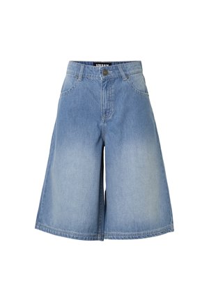 Light blue denim knee-length shorts with front button, zip closure, and pockets on a white background.