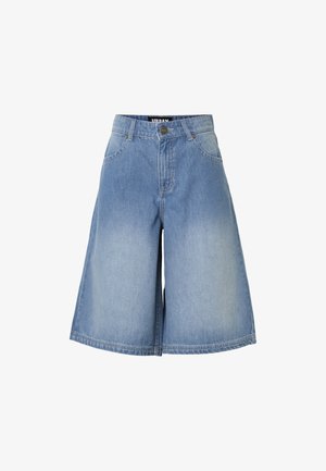 Light blue denim knee-length shorts with front button, zip closure, and pockets on a white background.