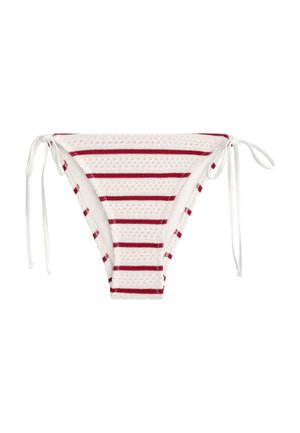 White and red striped bikini bottom with textured fabric and adjustable side ties on a white background.