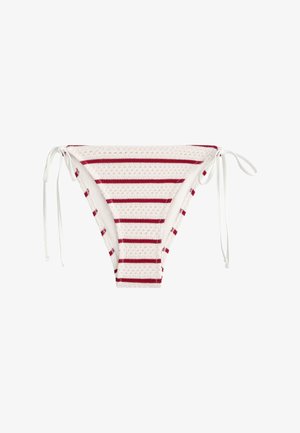 White and red striped bikini bottom with textured fabric and adjustable side ties on a white background.