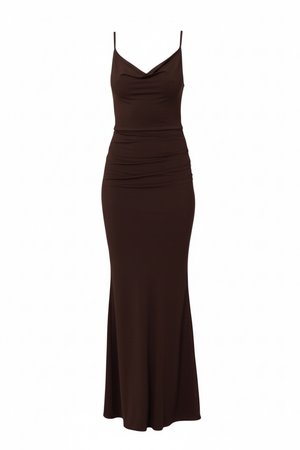 Σκούρο καφέ, αμάνικο φόρεμα μέχρι το πάτωμα με λεπτές τιράντες και ντραπαρισμένο ντεκολτέ, εφαρμοστό στη μέση με ελαφρύ ρυτιδισμό.