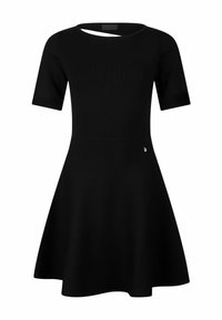 Robe noire à manches courtes avec taille cintrée, jupe évasée et une petite découpe près de l'encolure ronde.