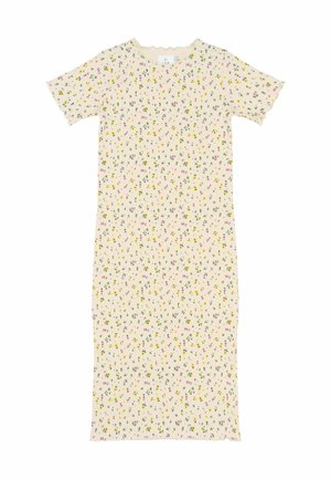 Kremowa, midi sukienka z krótkim rękawem, z małym żółtym i różowym nadrukiem kwiatowym oraz ryżowym teksturą, ze scallopowym dekoltem i krawędziami rękawów.