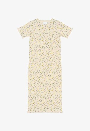 Kreminė spalva trumpa rankove midi suknelė su mažomis geltonomis ir rožinėmis gėlių detalėmis bei grioveliais, banguotu iškirpimo ir rankovių kraštu.