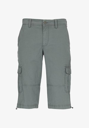 Grau Cargo-Shorts aus leichtem Material, ausgestattet mit zwei seitlichen Taschen, zwei Cargo-Taschen und verstellbaren Beinabschlüssen mit Kordelzug.
