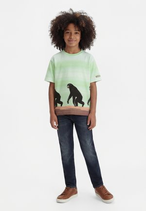 Enfant aux cheveux bouclés portant un T-shirt dégradé vert avec des illustrations noires de singes, un jean foncé et des baskets marron sur fond blanc.