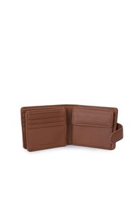 Brown leather wallet with multiple card slots, a pocket for bills, and a snap closure. Smooth texture, compact rectangular design.