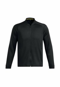 Black zip-up jacket with long sleeves, made of smooth fabric. Features a standing collar and angled side pockets. Simple and streamlined design.