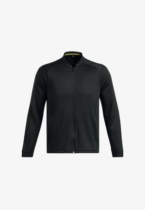 Čierna bunda na zips s dlhými rukávmi, vyrobená z hladkého materiálu. Má stojatý golier a šikmé bočné vrecká. Jednoduchý a elegantný dizajn.