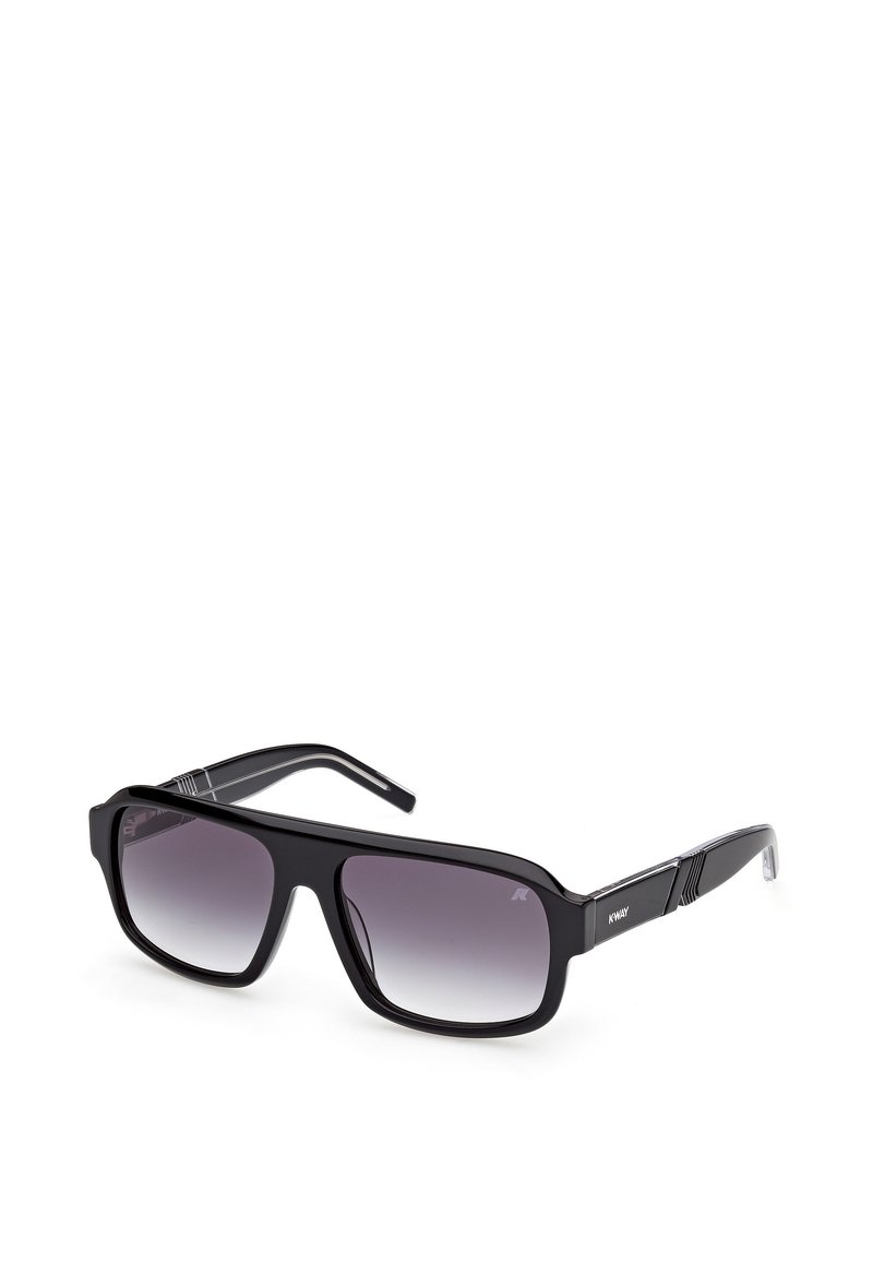 Černé sluneční brýle se čtvercovými rámy, gradientovými skly a průhlednými špičkami na nožičkách. Vybaveny stříbrnými akcenty a texturovaným designem po stranách.