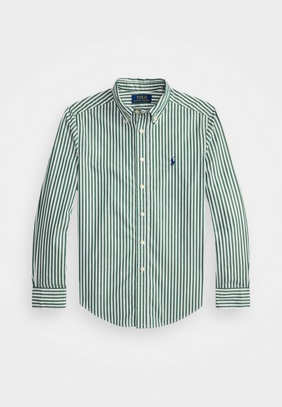 Zeleno-bela prugasta srajca z dolgimi rokavi, s klasičnim ovratnikom in majhnim mornarsko modrim logotipom na prsih. Iz bombažnega materiala.