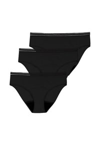 Ensemble de trois slips en coton noir, présentant un design classique avec une texture lisse, une couture contrastée à la ceinture, et sans motifs visibles.