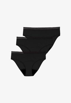 Ensemble de trois slips en coton noir, présentant un design classique avec une texture lisse, une couture contrastée à la ceinture, et sans motifs visibles.