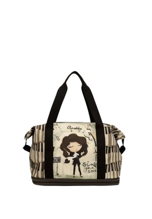 Borsa con manici neri con una donna dei cartoni animati che dirige la musica, motivo a tasti di pianoforte sui lati e testo "Sing your soul."
