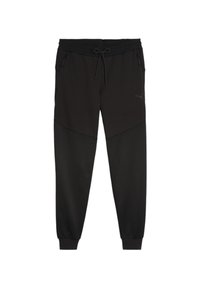 Pantaloni de jogger negri cu talie elastică și șnur. Au buzunare laterale cu fermoar și un design bi-ton cu o textură netedă.