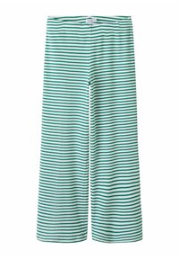 Pantalons larges à rayures vertes et blanches, fabriqués en tissu doux, avec une coupe décontractée et une taille élastique.