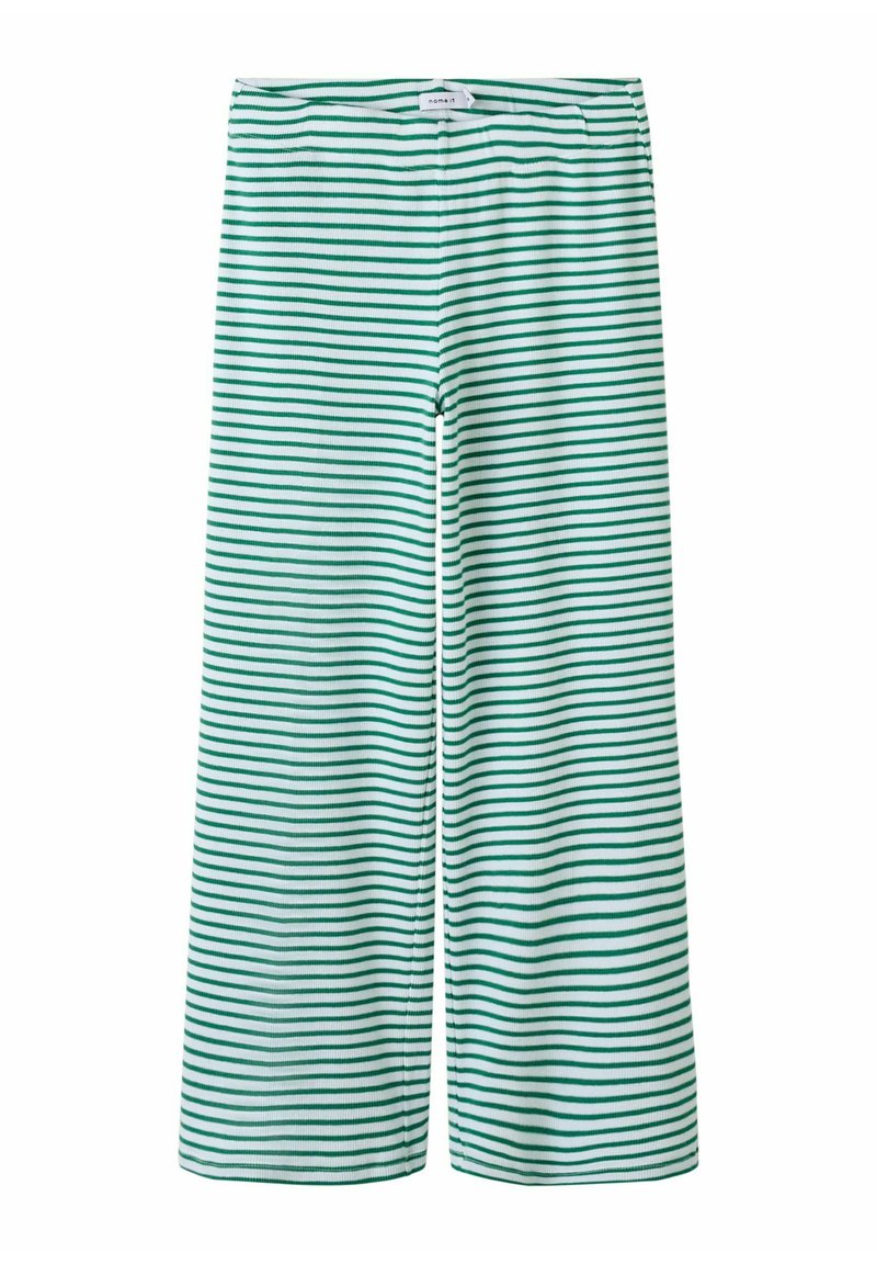 Pantalons larges à rayures vertes et blanches, fabriqués en tissu doux, avec une coupe décontractée et une taille élastique.