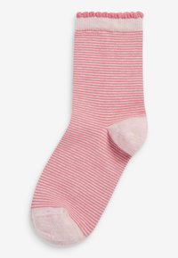 Rosa gestreifte Socken mit einem gerippten Bund, die eine weiche Textur und zarte rosa Akzente an der Spitze und am Bündchen aufweisen.