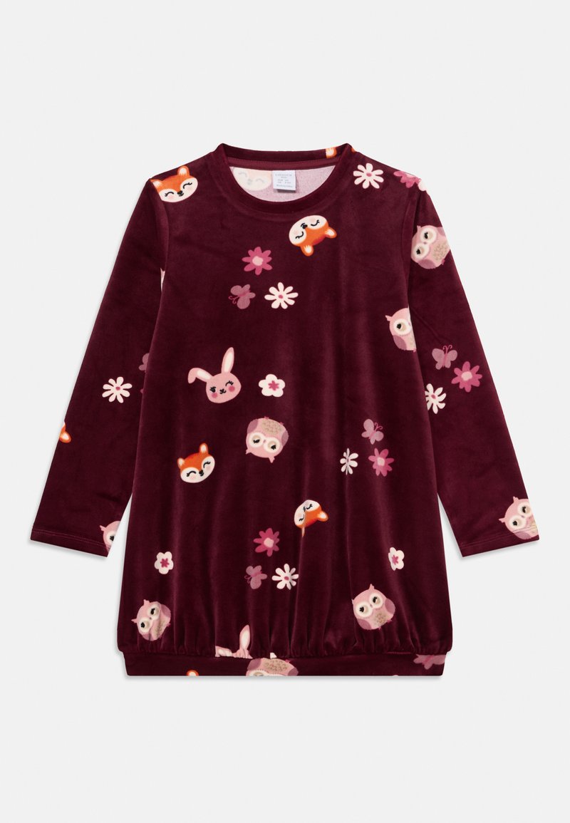 Robe longue à manches longues bordeaux en tissu doux avec des visages d'animaux et des motifs floraux ; présente un ourlet froncé pour un ajustement décontracté.