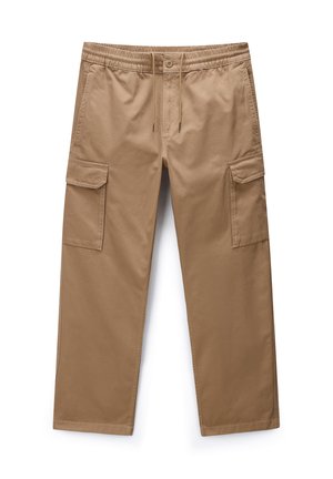 Khaki cargo pants with elastic waistband, drawstring, button closure, and flap pockets on each thigh, shown on a white background.
