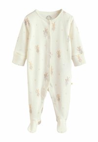 Weißer Baby-Strampler aus weichem Stoff, mit pastellfarbenem Muster aus Feenmäusen und Sternen. Ganzkörper mit Druckknöpfen und Fußteil.