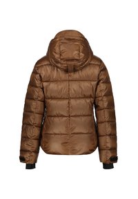 Doudoune marron avec capuche, présentant un design matelassé, des poignets élastiques et une texture lisse et brillante. Vue de dos.