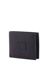 Portafoglio in pelle nera con una superficie liscia, design a bifold e un piccolo logo in rilievo sulla parte anteriore. Presenta più slot per carte e scomparti.
