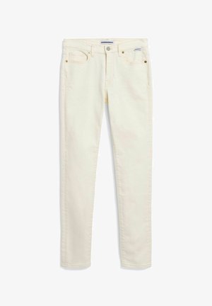 Crèmekleurige slim-fit jeans met vijf zakken, knoopsluiting en merklabels op de tailleband en zak.