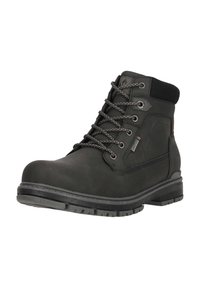 Svarta läderankelstövlar med rund tå, vadderad krage och grå snörning. Texturerad gummisula med tydligt mönster för bra grepp.