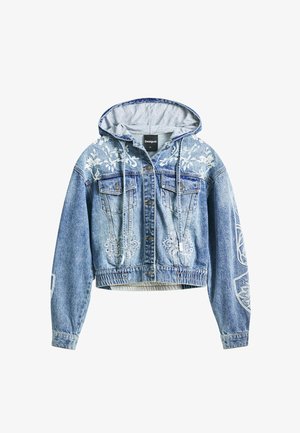 Sinine denimist lühike jakki halli kapuutsiga, millel on valged lilleseosed ja kaks rinna taskut. Elastne alus ja nööri kinnitus kapuutsi jaoks.