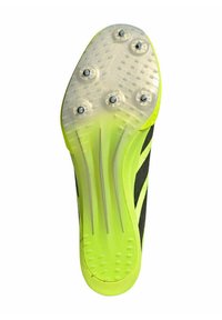 Black and fluorescent yellow athletic shoe sole with visible studs, textured grip, and elongate design; transparent outsole with traction grooves.