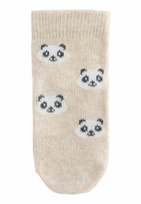 Beige Socken mit verspielten Panda-Gesichtern in Schwarz und Weiß. Der Stoff hat eine feine gerippte Struktur und fühlt sich weich und leicht an.