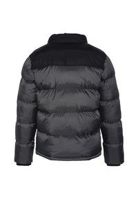 Sort og grå pufferjakke med høj krave, quiltet tekstur og elastiske manchetter. Har en glat stoffinish og drop shoulder-design.