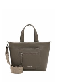 Gray leather tote bag with a textured surface, dual handles, a zippered front pocket, and an adjustable patterned strap.
