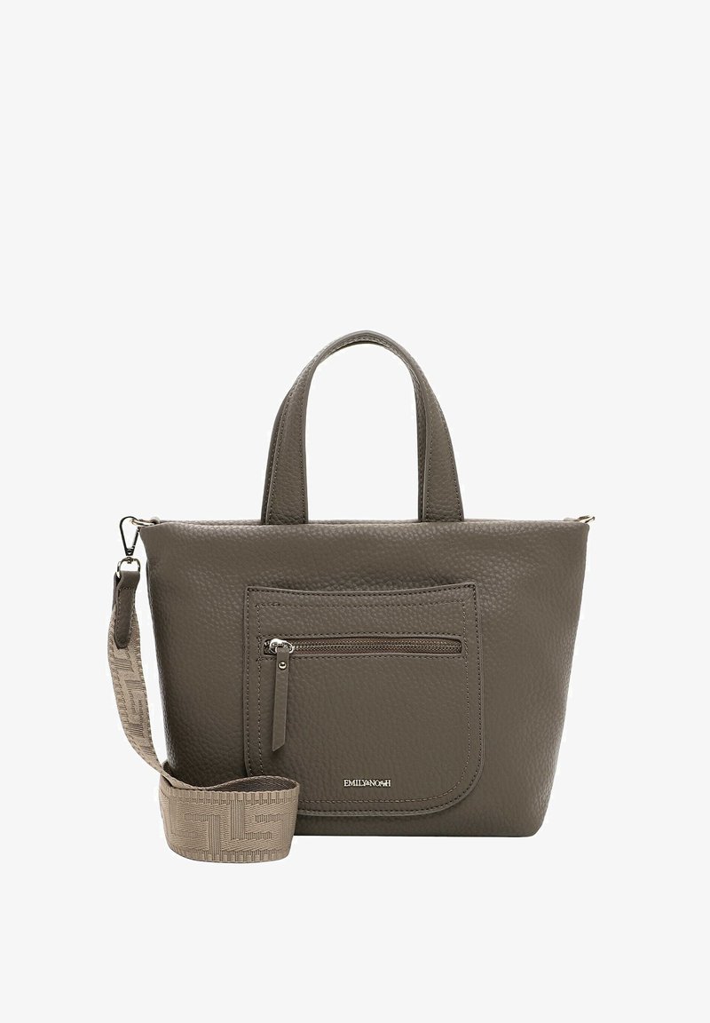 Gray leather tote bag with a textured surface, dual handles, a zippered front pocket, and an adjustable patterned strap.