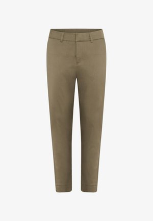 Khaki trousers with a slim fit, flat front, and straight legs. Made from a smooth fabric with a subtle texture. No visible hardware or patterns.