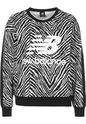 Czarno-biała bluza New Balance w paski zebry z logo oraz ściągaczami na mankietach, kołnierzu i dole.