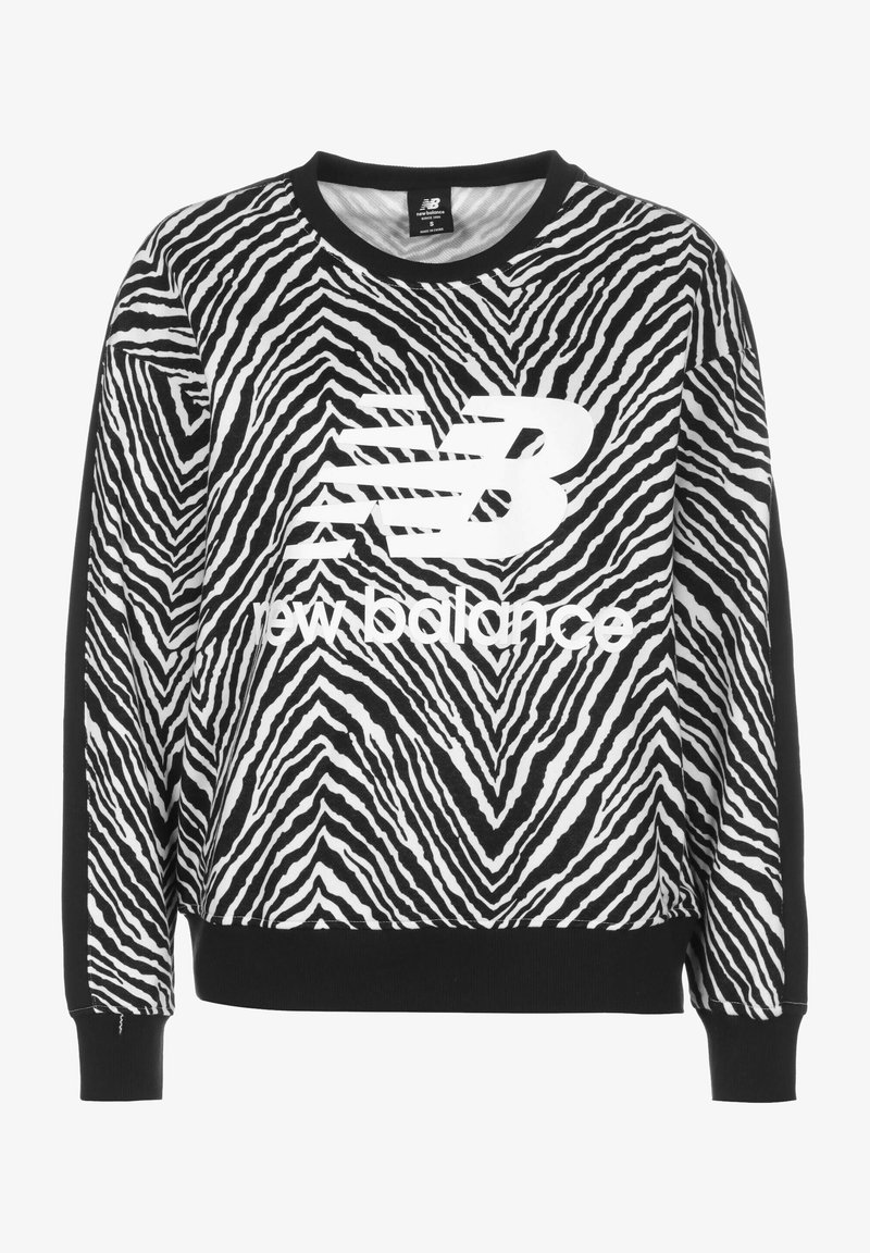 Sweatshirt New Balance noir et blanc à rayures zébrées, avec logo et poignets, col et ourlet côtelés.