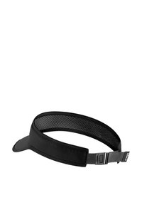 Black visor with a soft front peak and a breathable mesh band. Adjustable strap at the back with hardware for secure fitting.
