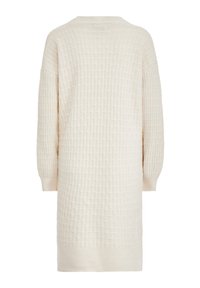 Maglione lungo color crema in maglia, con un motivo a griglia testurizzato, maniche lunghe e polsini e orlo a costine, mostrato da dietro.