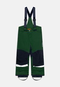 Green and navy waterproof snow pants with adjustable suspenders, reflective strip, elasticated cuffs, and reinforced lower legs.