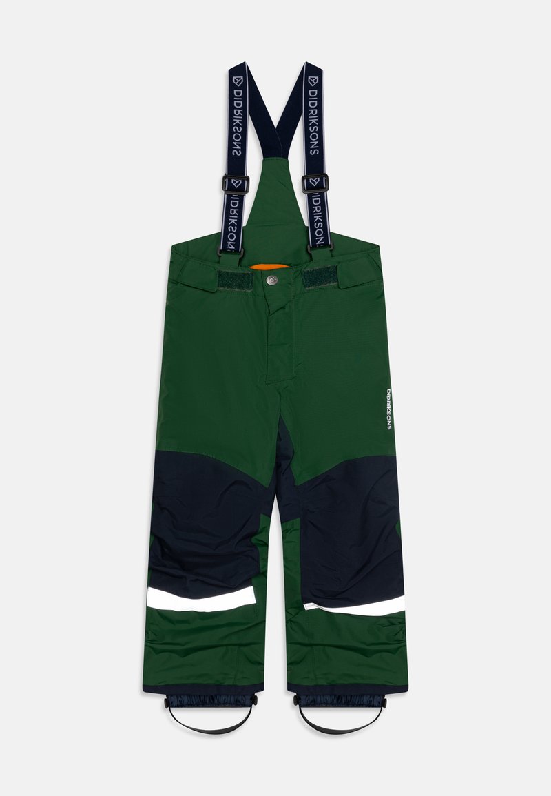 Pantaloni impermeabili pentru zăpadă, verzi și bleumarin, cu bretele ajustabile, bandă reflectorizantă, manșete elastice și picioare inferioare întărite.