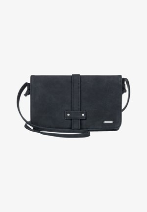 Sac bandoulière en simili cuir noir avec détail de sangle à l'avant et bandoulière ajustable, forme rectangulaire avec étiquette de marque en métal.