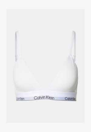 Weißer Triangel-Bralette aus weichem Stoff mit verstellbaren Trägern und einem schwarzen Calvin Klein-Logo-Band entlang des Unterbands.