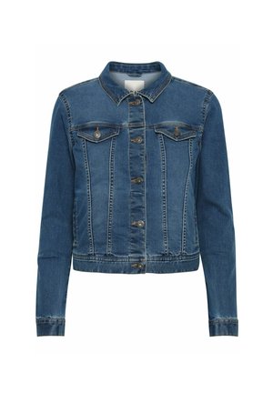 Blå denimjakke med krave, knaplukning, to brystlommer og lange ærmer med stikninger.